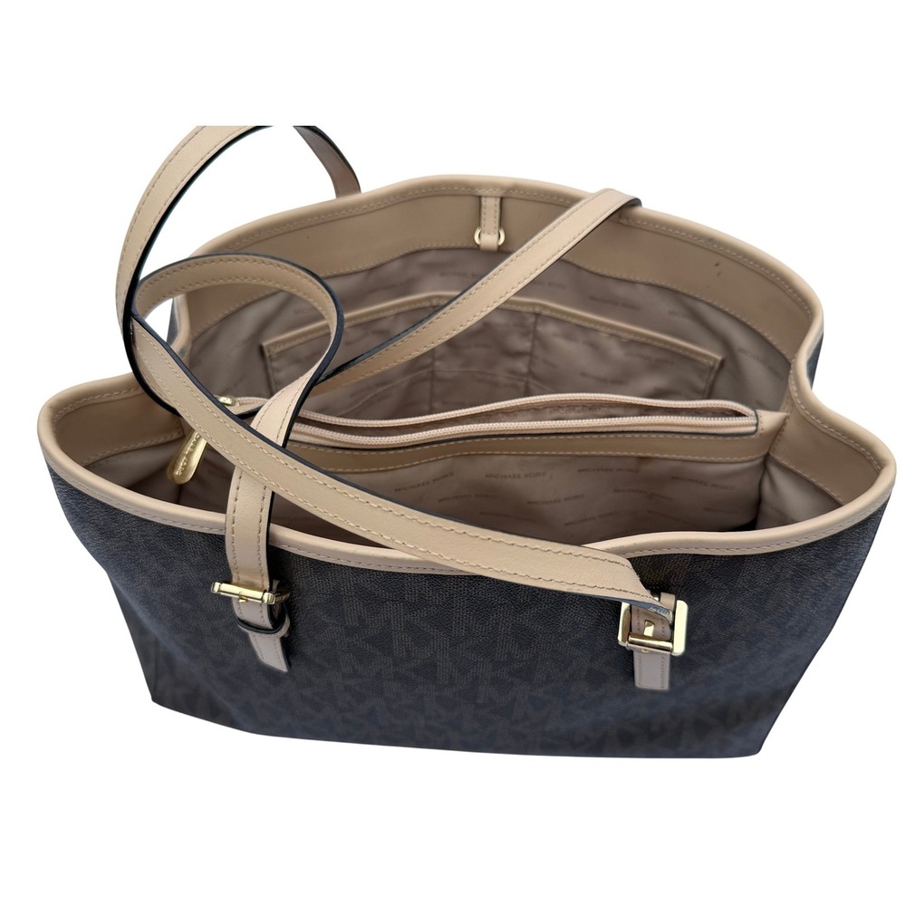 Michael Kors Voyager Medium Logo Tote Bag Brown Monogram Acorn Leather Trim - Picture 9 of 14